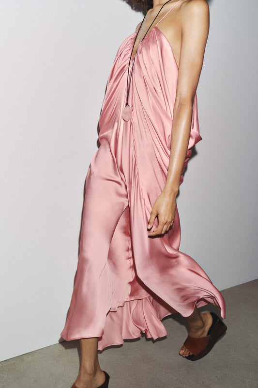 Pink Satin Halter Maxi Dress