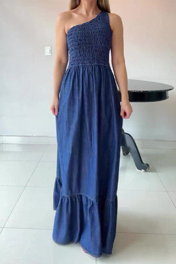 One - Shoulder Smocked Denim Maxi Dress