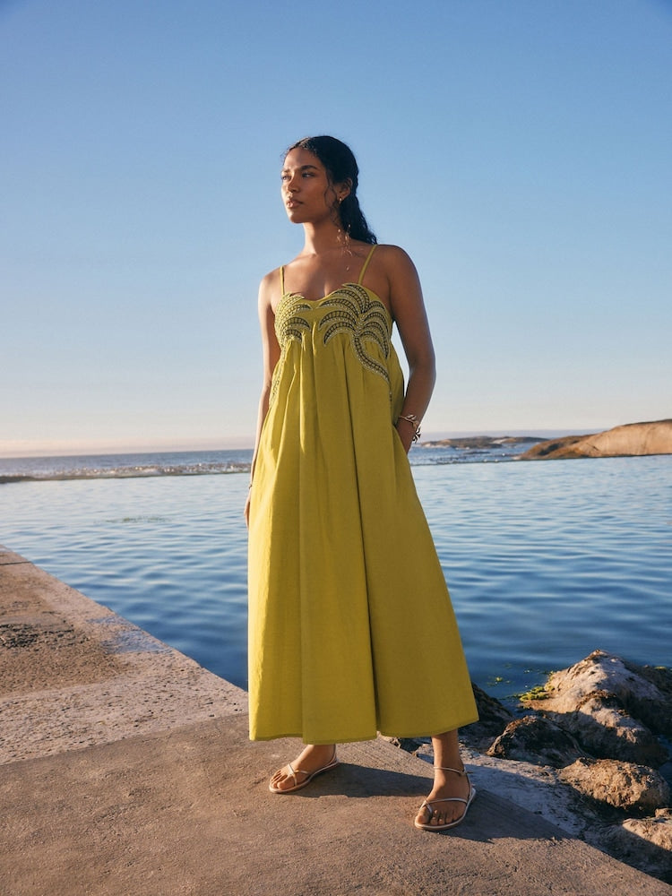 Embroidered Palm Midi Dress