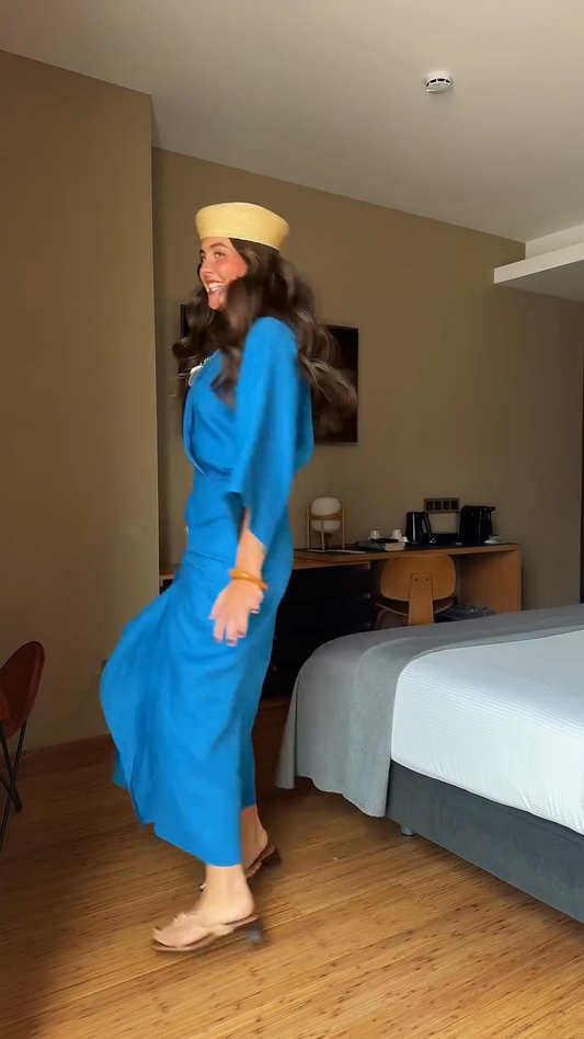 Blue Asymmetric Ruched Dress