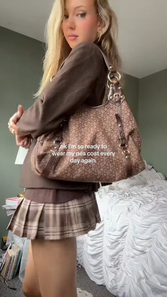 Brown woolen short coat with plaid skirt suit