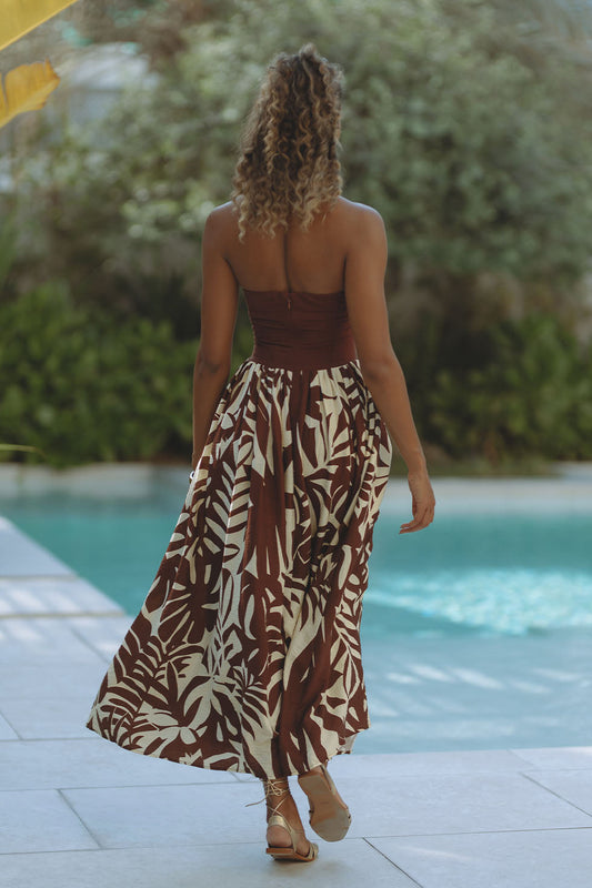 Brown Tropical Print Halter Maxi Dress