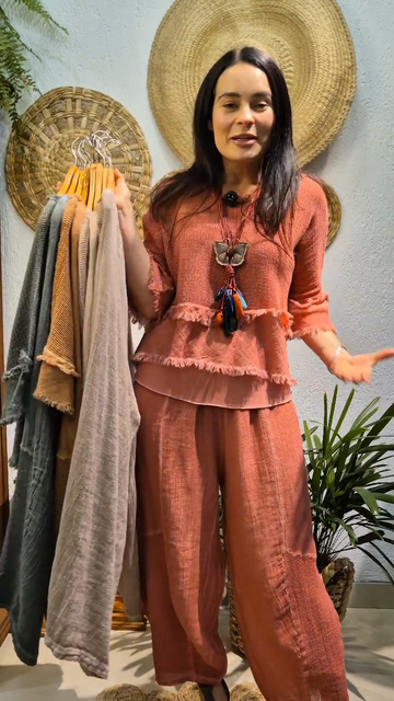 Colored Fringe - Trimmed Top and Pants Set