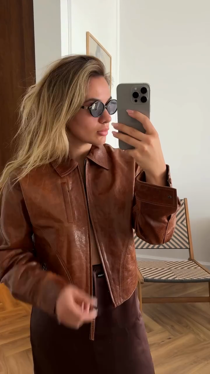 Brown Cropped Leather Jacket