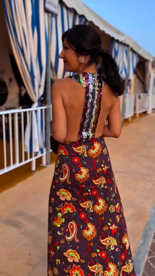 Floral print sequined back maxi dress