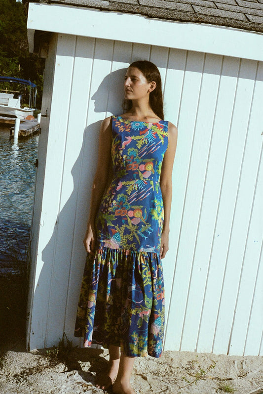 Blue Floral - Print Sleeveless Midi Dress