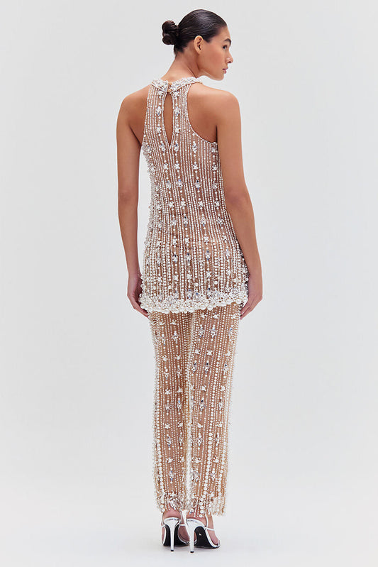 Pearl - Embroidered Halter Neck Sheer Dress and Pants Set