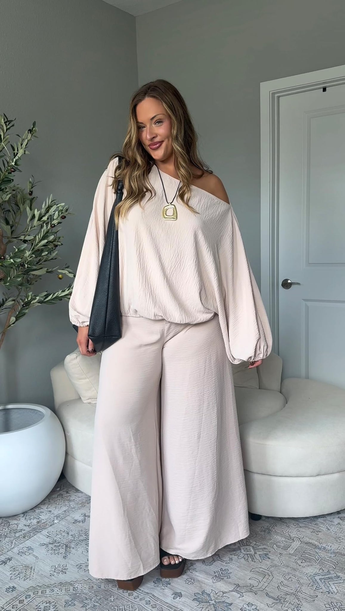Blush Off - The - Shoulder Top and Wide - Leg Pants Set