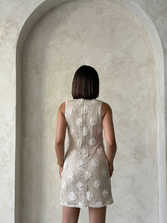 Floral Applique Crochet Mini Dress