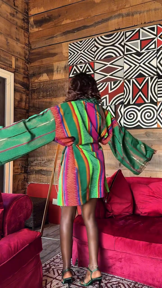 Colorful Striped and Patterned Short Dress with Wide Sleeves