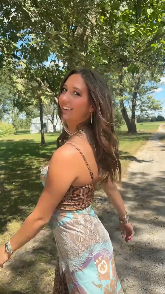 Leopard Print Maxi Dress with Lace and Sheer Overlay