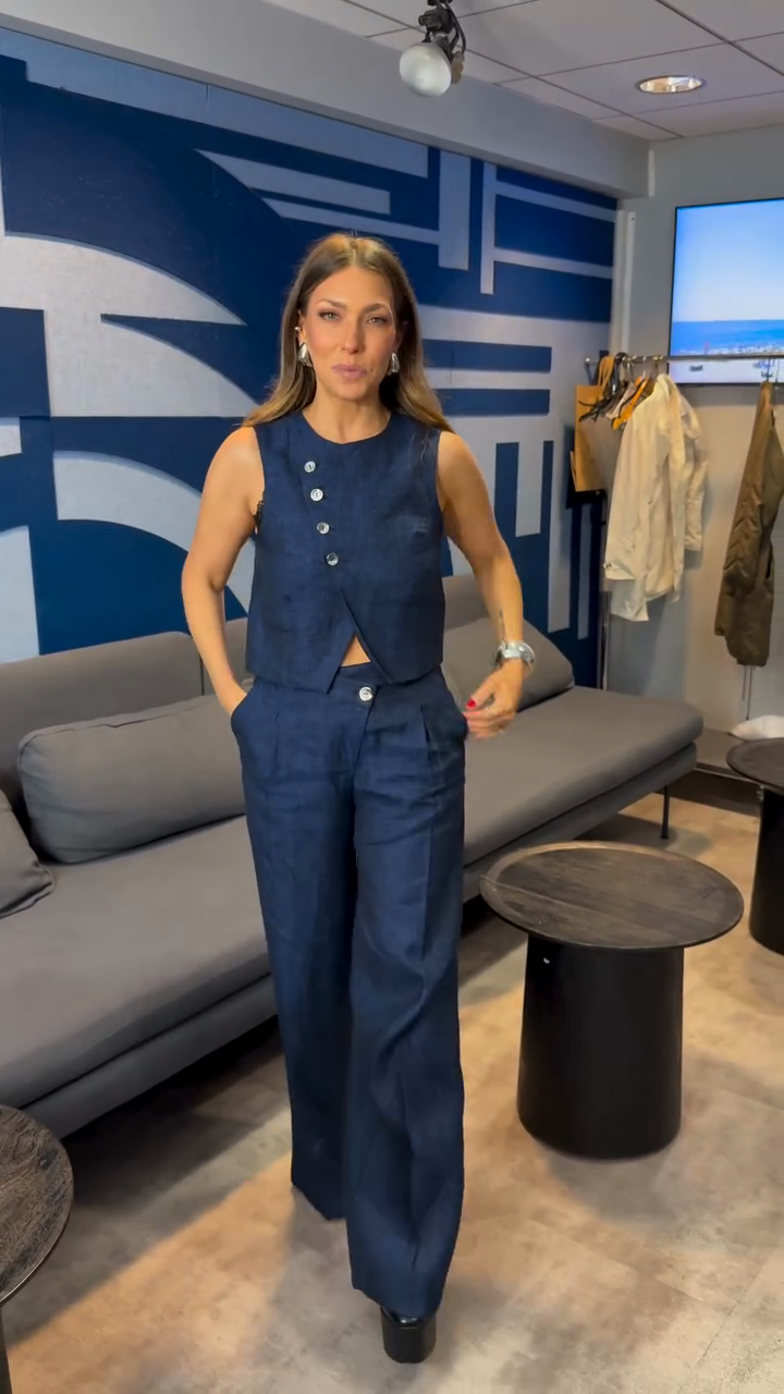 Navy Blue Sleeveless Vest and Wide - Leg Pant Set