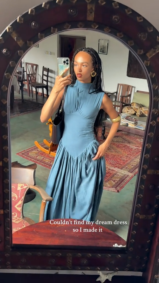 Blue Mock Neck Ruched Midi Dress