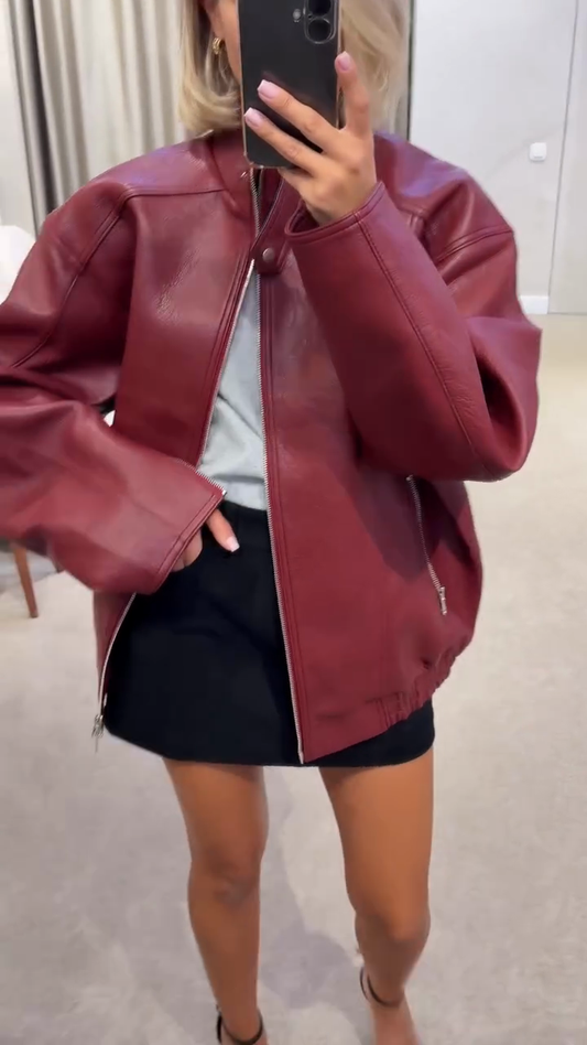 Burgundy Leather Bomber Jacket