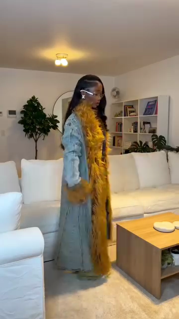 Denim Long Coat with Brown Faux Fur Trim