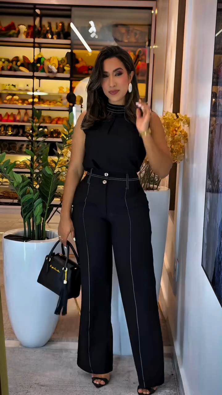 Black Sleeveless Top and Contrast - Stitched Wide - leg Pants Set