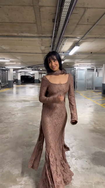 Brown Lace Long - Sleeve Maxi Dress