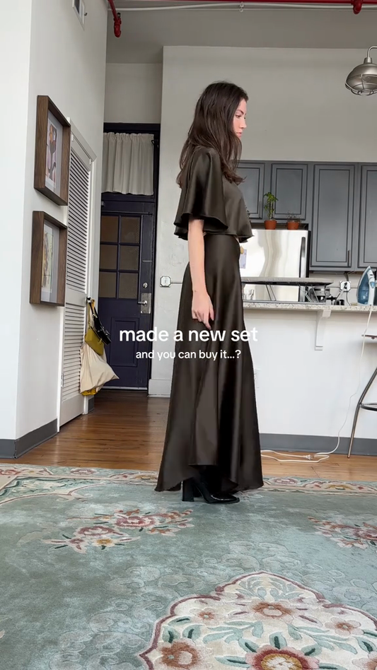 Olive Green Satin Crop Top and Maxi Skirt Set