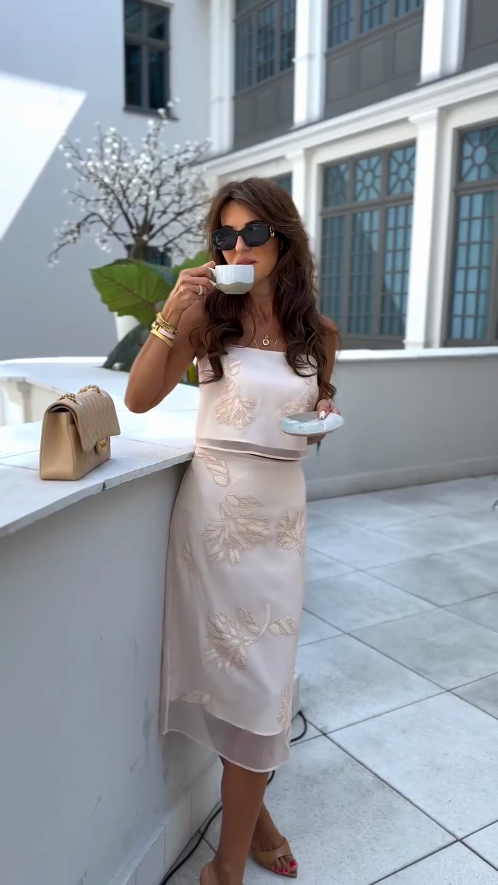 Off-the-shoulder Embroidered Top and Midi Skirt Set