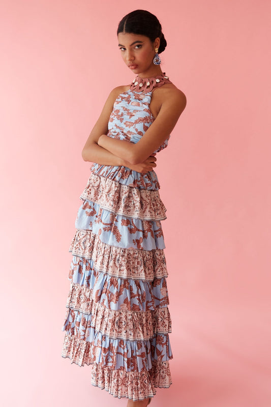 Blue & Brown Floral Print Tiered Halter Maxi Dress