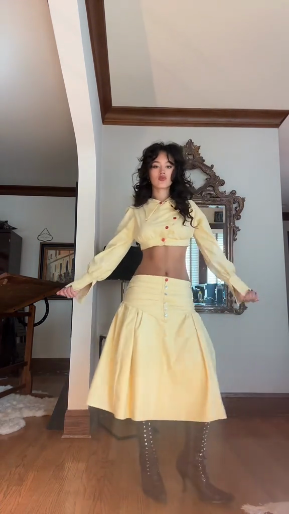 Yellow Cropped Collared Top and Pleated Skirt Set