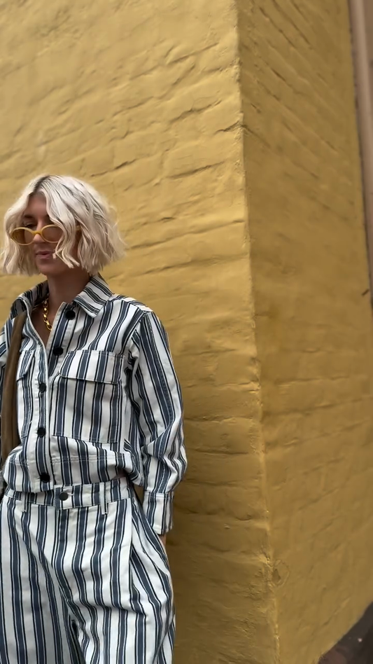 Black - and - white Striped Cropped Jacket and Pants Set