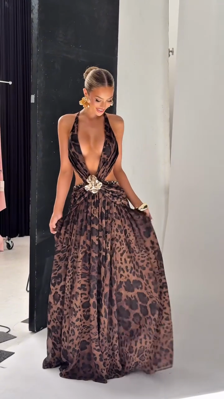 Gold embellished leopard print halter neck maxi dress