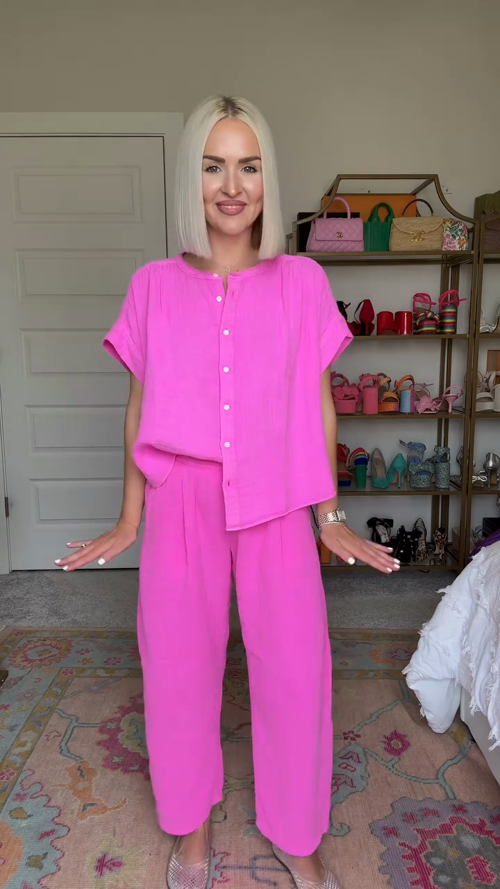 Pink Button - Up Shirt & Wide - Leg Pants Set