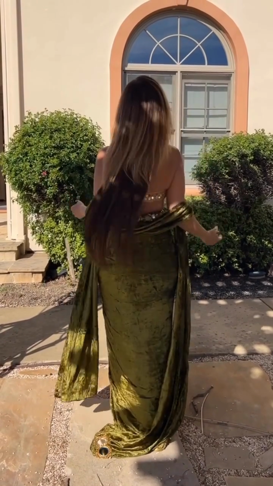 Gold Embellished Corset and Olive Green Draped Skirt Set