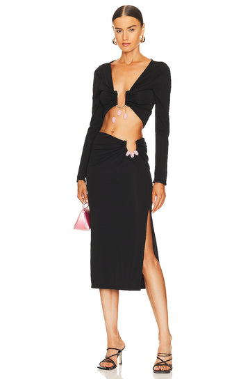 Black Cut - Out Long - Sleeve Top and Slit Skirt Set