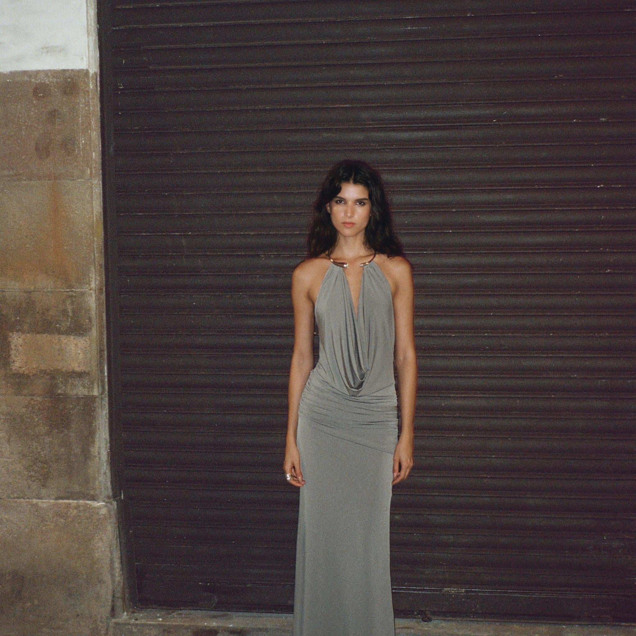 Grey Halterneck Maxi Dress with Gold Detail