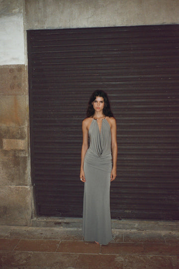 Grey Halterneck Maxi Dress with Gold Detail