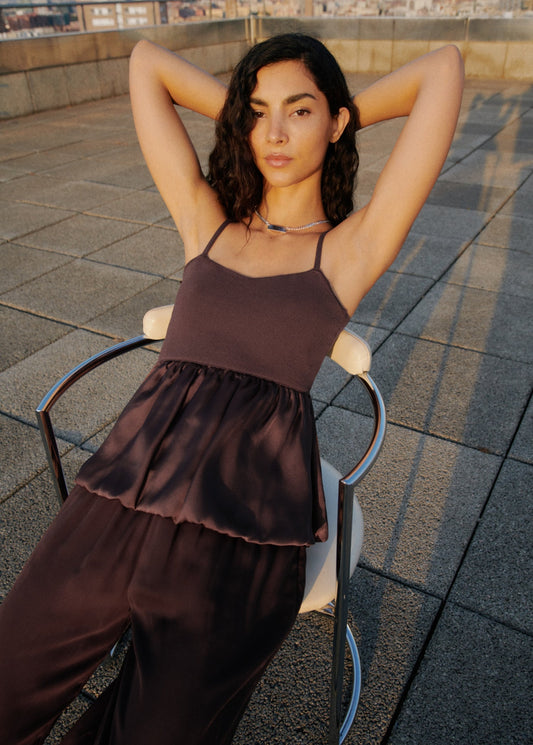 Brown Off - Shoulder Peplum Top and Pant Set