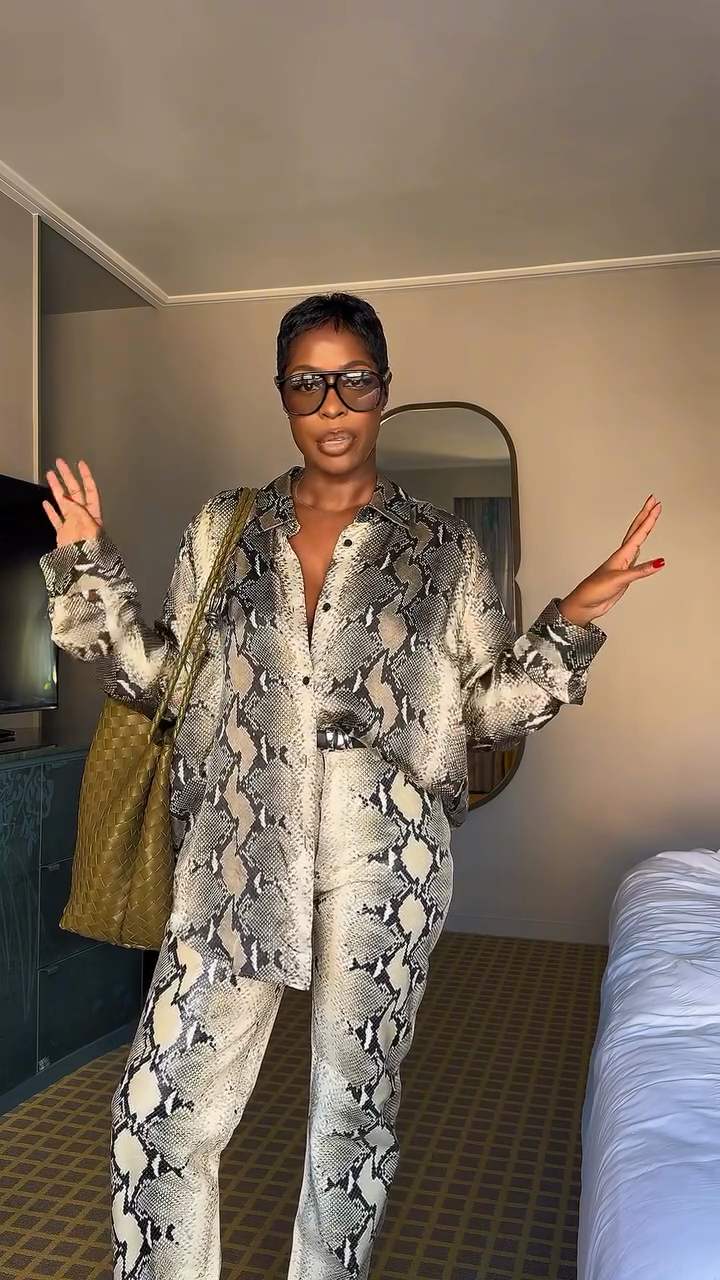 Snakeskin Print Satin Shirt and Pants Set