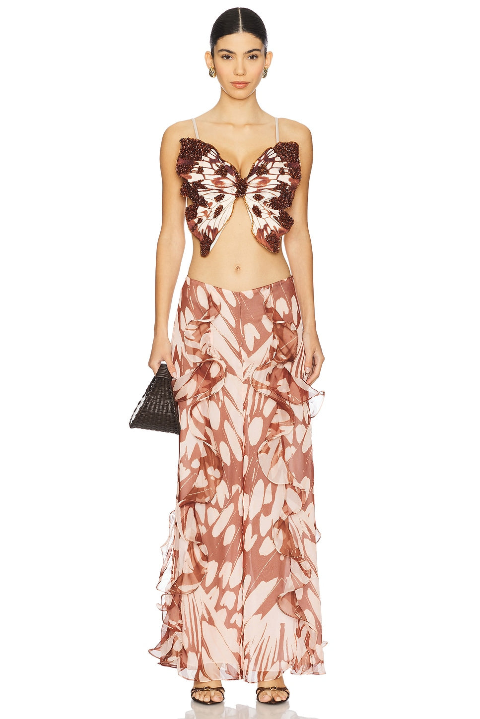 Butterfly-Embellished Crop Top and Ruffled Print Maxi Skirt Set
