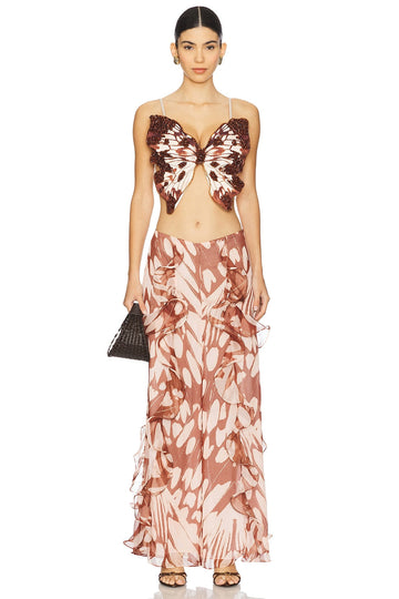Butterfly-Embellished Crop Top and Ruffled Print Maxi Skirt Set