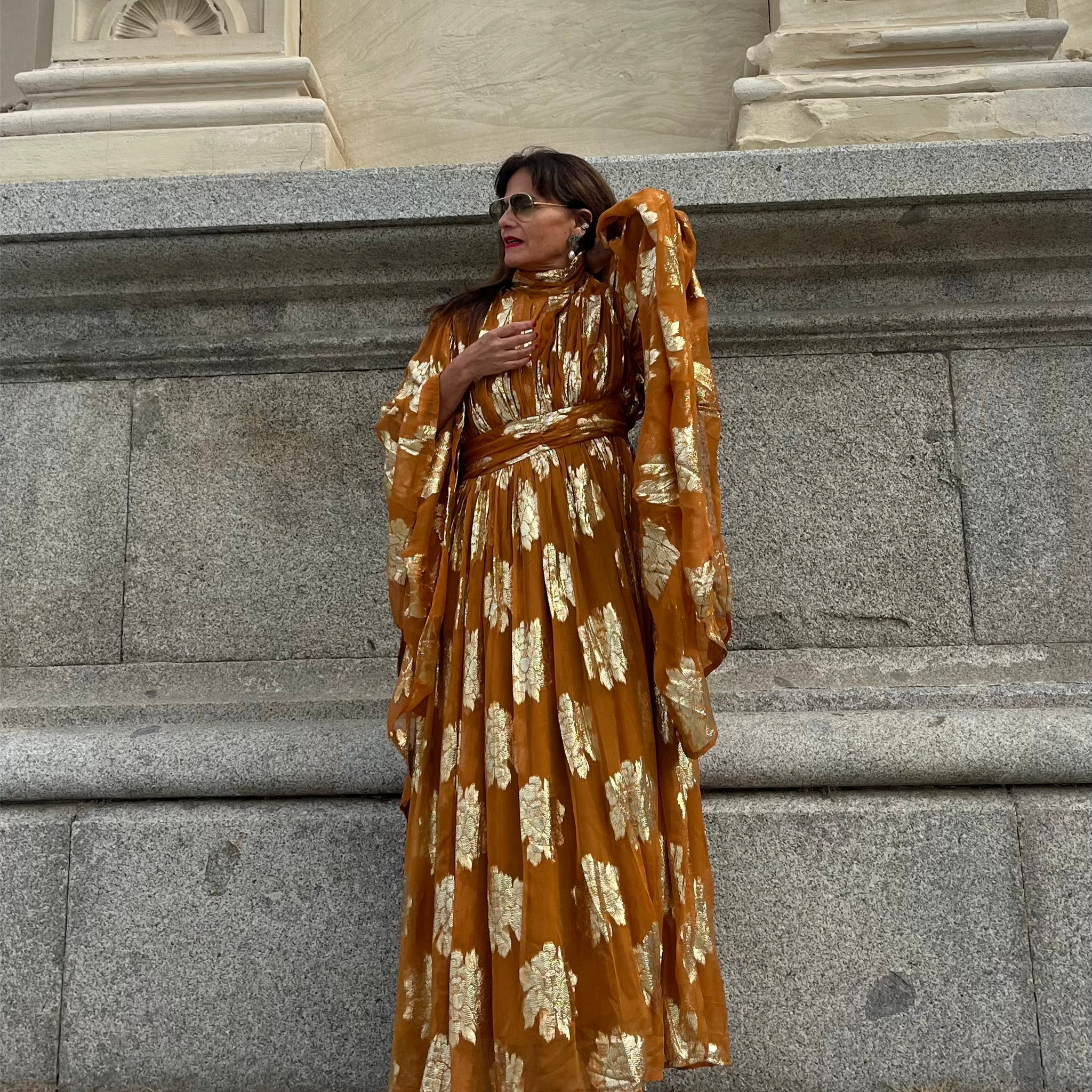 Gold - Printed Sheer Kimono Sleeve Long Dress