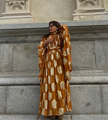 Gold - Printed Sheer Kimono Sleeve Long Dress