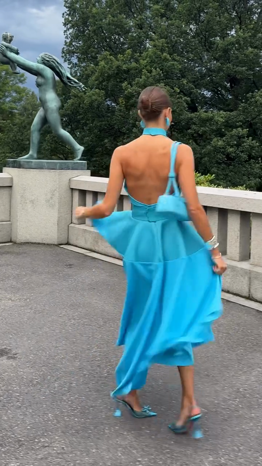 Turquoise High - Neck Open - Back Midi Dress