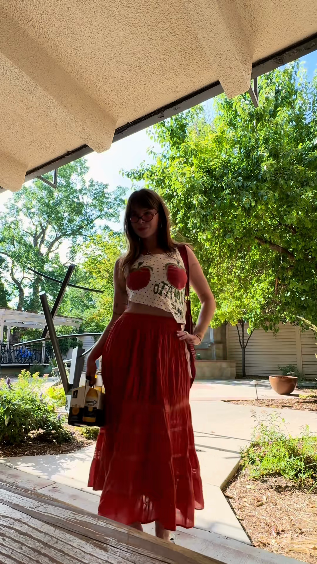 Apple - Print Crop Top and Red Maxi Skirt Set
