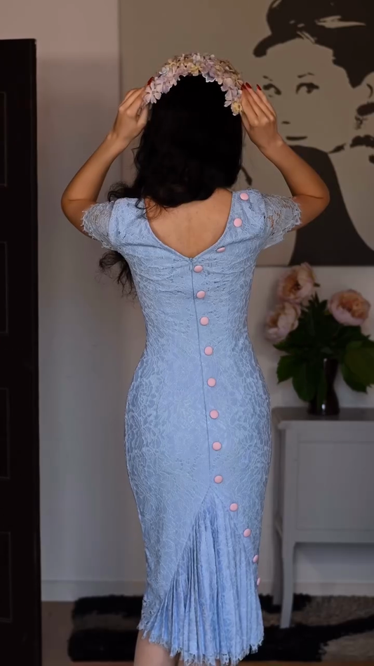 Light Blue Lace Short Sleeve Midi Dress