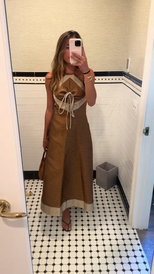 Brown Polka Dot Halter Maxi Dress with Tie Detail