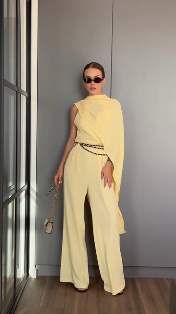 Yellow Asymmetric Cape - Sleeve Jumpsuit