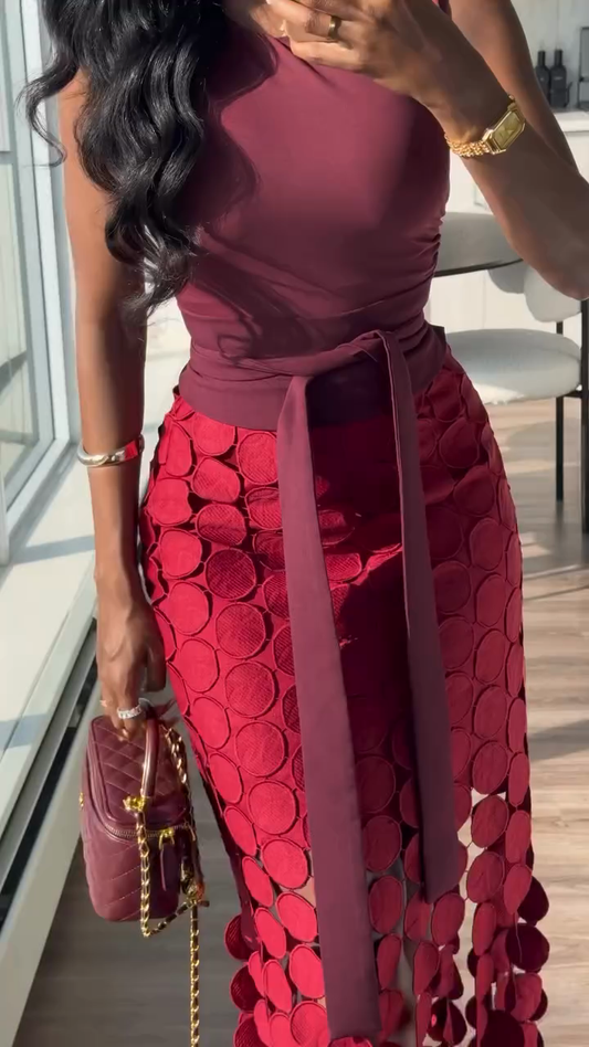 Burgundy Top & Red Disc - Detailed Skirt Set