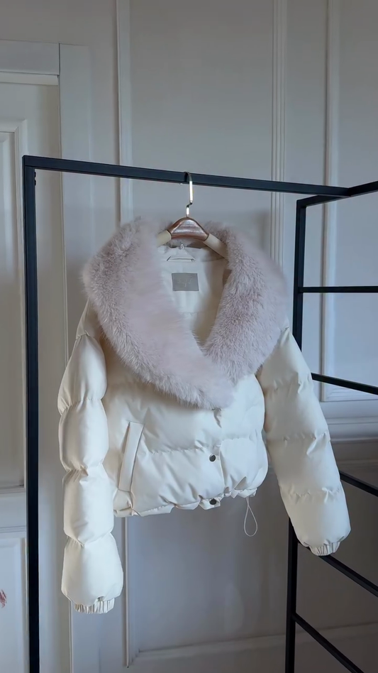 White Puffer Jacket with Pink Fur Collar