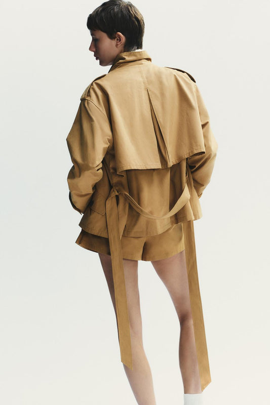 Camel - Colored Belted Trench Jacket