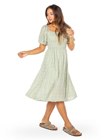 Green Checkered Smocked Midi Dress