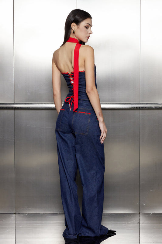Strapless Lace Up Denim Set
