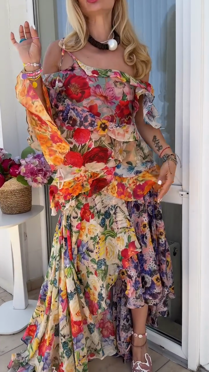 Colorful Floral Print Asymmetric Ruffle Dress