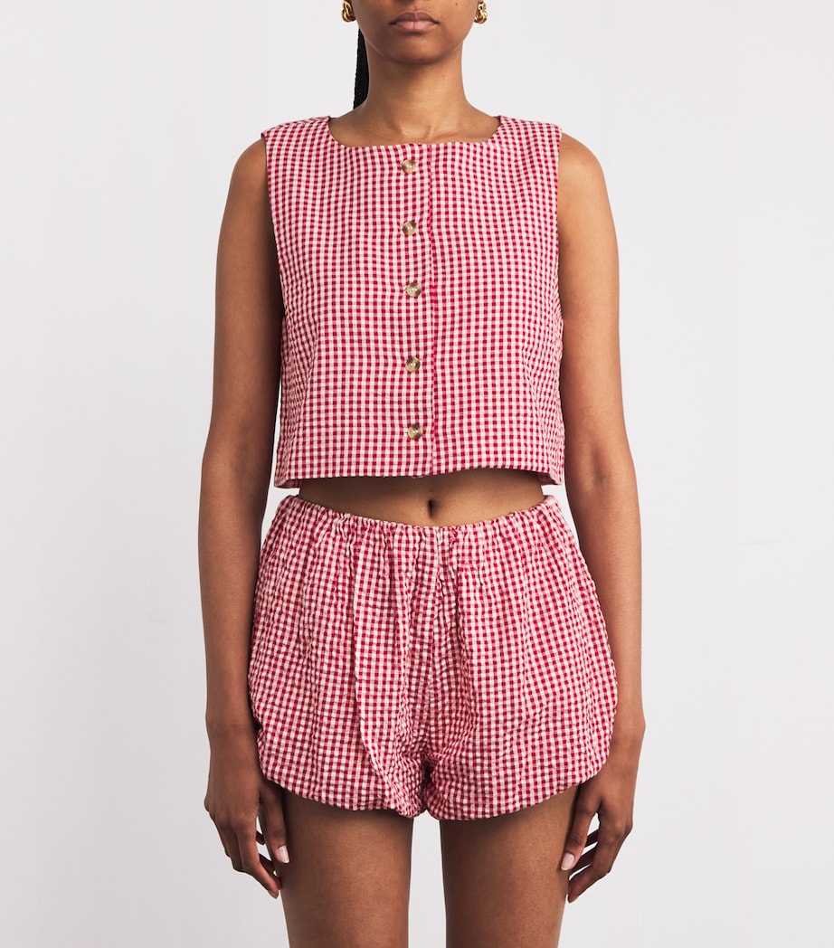 Red and White Gingham Sleeveless Crop Top and Shorts Set